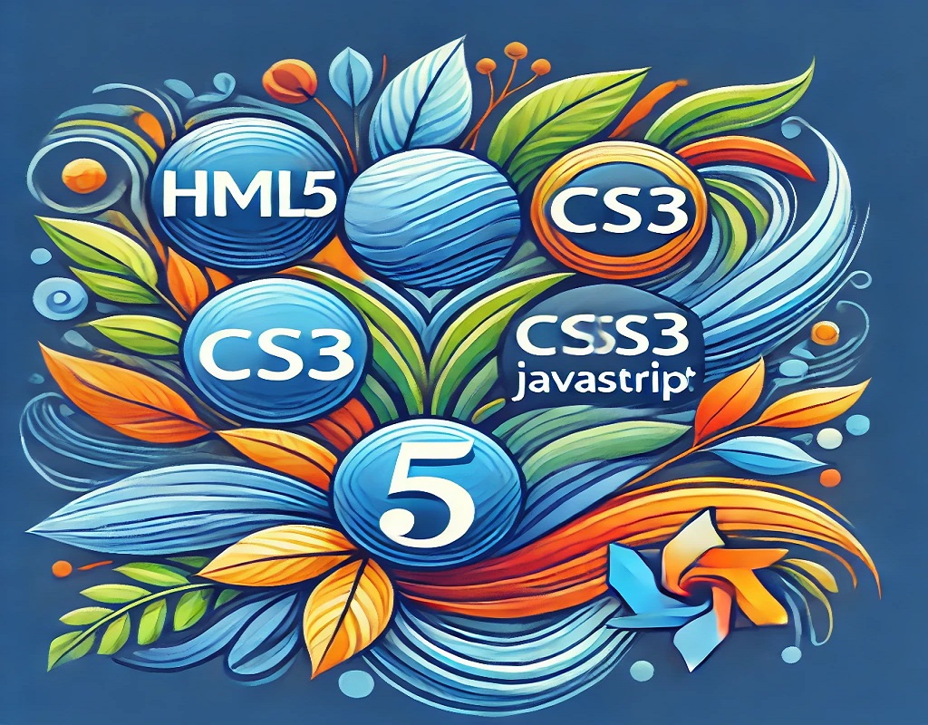 Monitor, laptop y logos de HTML, CSS, JavaScript y React.